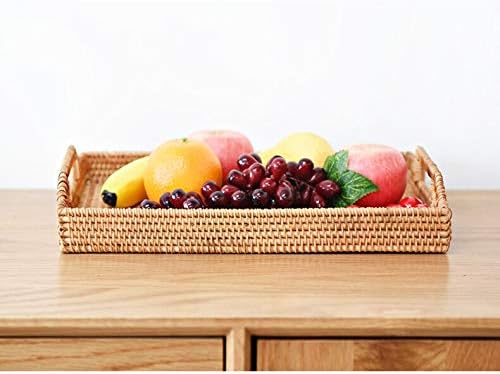 Hand-Woven Rattan Rectangular Serving Tray with Handles for Breakfast, Drinks, Snack for Coffee Table (17x11.4x1.8inches)