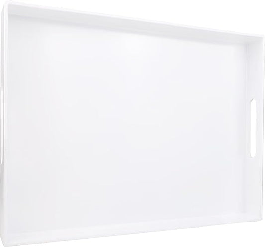 White Serving Tray for Coffee Table, Rectangular Plastic Decorative Tray with Handles for Entertaining, Outdoor Patio, Living Room, Ottoman, Bathroom Counter, 11.8”*15.7”*1.6”