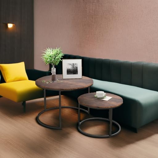 HOJINLINERO Industrial Round Coffee Table Set of 2 End Table for Living Room,Stacking Side Tables, Sturdy and Easy Assembly,Wood Look Accent Furniture with Metal Frame,Black+Rustic Brown