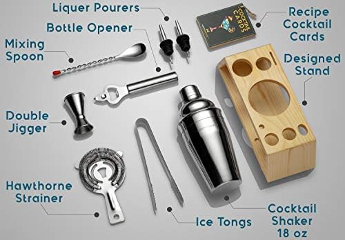 Bartender Kit with Bamboo Stand, Cocktail Shaker Set and Bar Accessories for Home Bar, Drink Mixing, and Mixology Kit