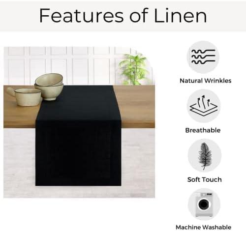 D'Moksha Homes Linen Black Table Runner 36 Inches - 100% Pure Linen Small Table Runner 14 x 36 Inch for Dresser, Coffee Tables, Fall, Autumn and Halloween - Machine Washable