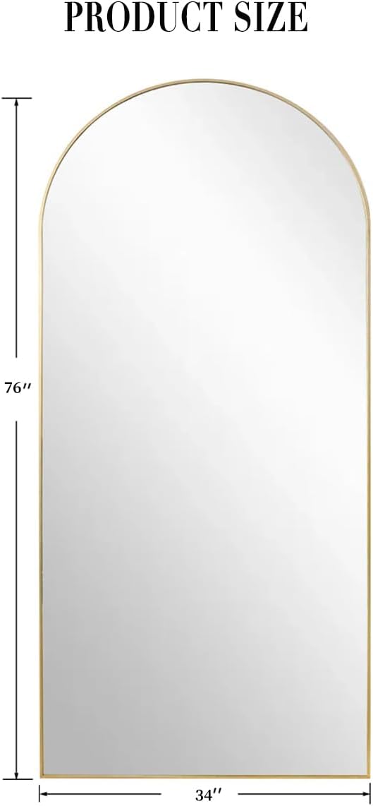 TinyTimes 76''x34'' Arched Floor Mirror, Full Length Body Mirror with Stand, Modern & Contemporary Design, Aluminum Alloy Frame (Gold)