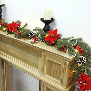 ATDAWN 9 FT Christmas Garland with Lights, Battery Operated Christmas Garland, Garland with Red Berry, Pine Cone and Poinsettia for Indoor Home Winter Holiday New Year Xmas Decorations
