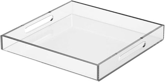 NIUBEE Acrylic Serving Tray 15x15 Inches -Spill Proof- Clear Decorative Tray Organiser for Ottoman Coffee Table Countertop with Handles