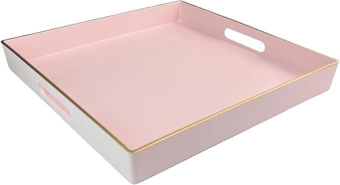 Pink Decorative Tray, Square Serving Tray with Handles, Plastic Coffee Table Tray for Ottoman, Living Room, Kitchen Tabletop, 13"x13"x1.6"