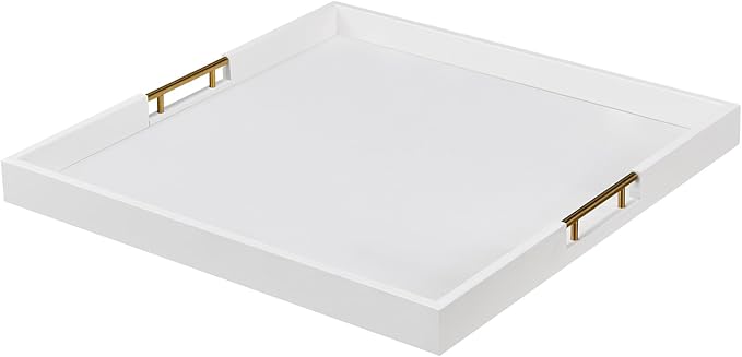 20x20 Inches Large White Faux Leather Wrapped Wood Ottoman Tray with Handles for All Occasions, Serving Food Breakfast on Bed, Home Decor Decorative, Living Room,Square Coffee Table Organizer