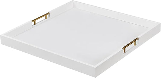 20x20 Inches Large White Faux Leather Wrapped Wood Ottoman Tray with Handles for All Occasions, Serving Food Breakfast on Bed, Home Decor Decorative, Living Room,Square Coffee Table Organizer