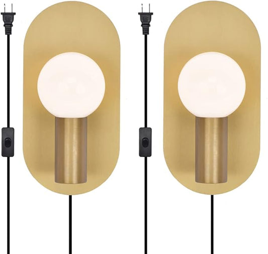 Gold Plug in Wall Sconce Set of 2, Modern Sconces Wall Lighting Cord with On Off Switch, Brushed Stainless Steel Wall Mount Light Fixture for Bedroom Living Room Bathroom
