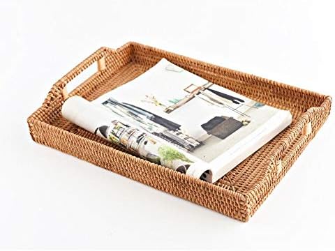 Hand-Woven Rattan Rectangular Serving Tray with Handles for Breakfast, Drinks, Snack for Coffee Table (17x11.4x1.8inches)