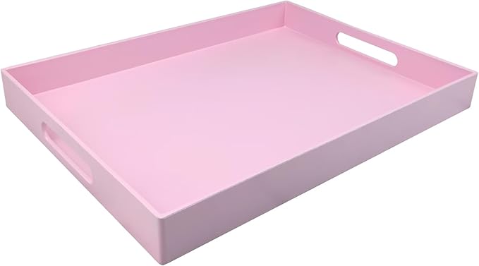 Pink Serving Tray for Coffee Table, Rectangular Plastic Decorative Tray with Handles for Entertaining, Outdoor Patio, Living Room, Ottoman, Bathroom Counter, 11.8”*15.7”*1.6”