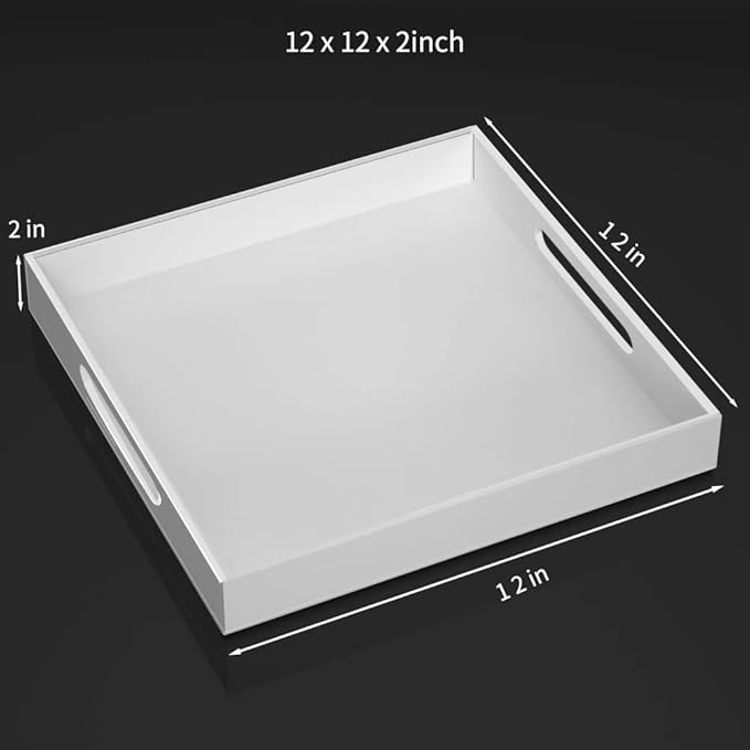 NIUBEE Acrylic Serving Tray 12x12 Inches -Spill Proof- White Decorative Tray Organiser for Ottoman Coffee Table Countertop with Handles