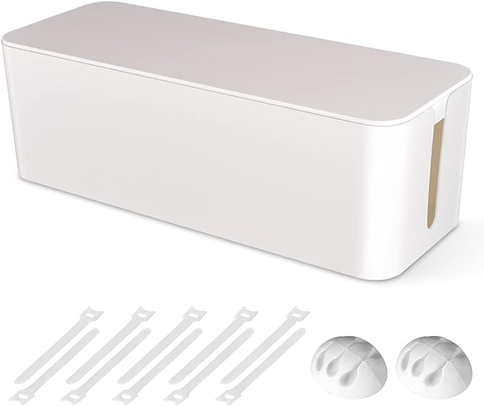 Cable Management Box, Large Cord Organizer Box to Hide Power Strip & Under Desk,TV Computer Wires Cable Organizer Hider Box with Cable Clips&Reusable Cable Ties for Home/Office(White)