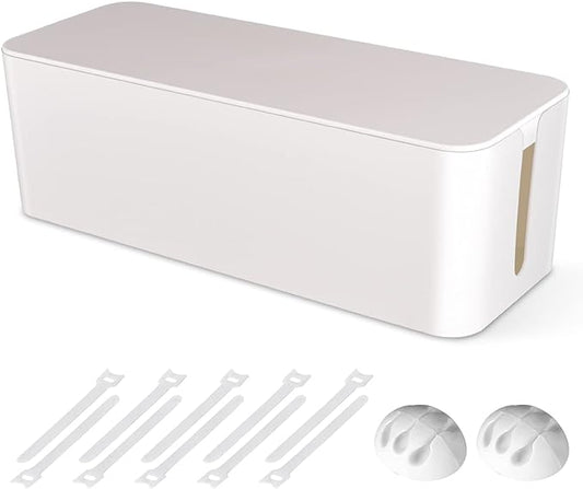 Cable Management Box, Large Cord Organizer Box to Hide Power Strip & Under Desk,TV Computer Wires Cable Organizer Hider Box with Cable Clips&Reusable Cable Ties for Home/Office(White)