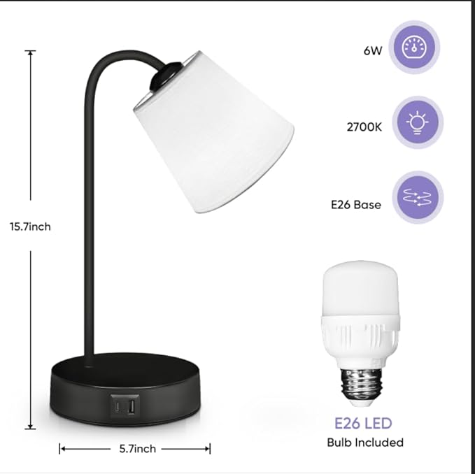 Industrial Table Lamps Set of 2 for Bedroom-3 Way Dimmable Touch Bedside Lamp for Nightstand with USB C+A Ports and Outlet,Desk Lamp with Fabric Shade for Living Room,Home,Office