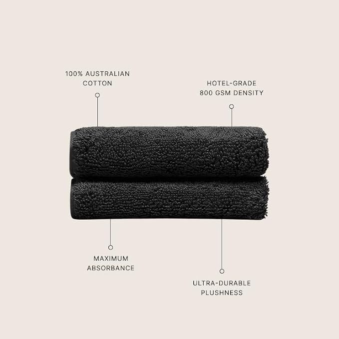 Italic Ultraplush 100% Australian Cotton Washcloths - Set of 2 Luxury Plush Face Wash Cloths, Soft and Absorbent 800 GSM for Bathroom, Spa, Gym, Face and Body (Black)