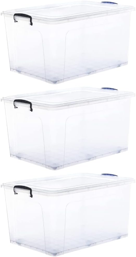 Superio Storage Containers With Wheels (3 Pack), Opaque Clear Stackable Large Storage Containers With Lids, Durable Latches (85 Quart)