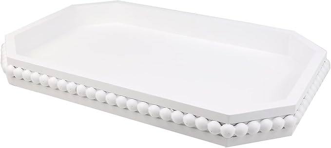 White Wood Serving Tray with Beads, Farmhouse Decorative Tray for Table Centerpiece, Christmas Wedding Halloween Home Decor