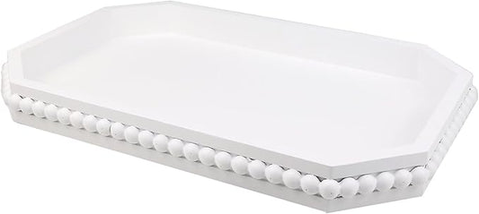 White Wood Serving Tray with Beads, Farmhouse Decorative Tray for Table Centerpiece, Christmas Wedding Halloween Home Decor