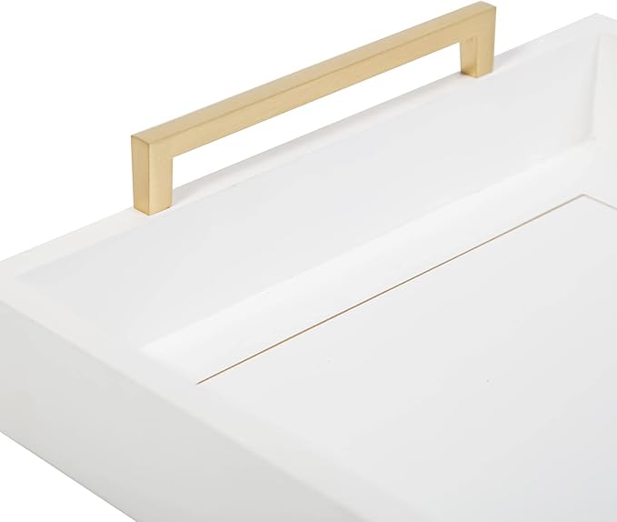 Decorative Coffee Table Ottoman Trays Modern Wood Elegant 16"x12" Rectangle Glossy Shagreen Serving Trays with Champagne Gold Handles -Drinks, Liquor Serving Platter for All Occasion's(White)