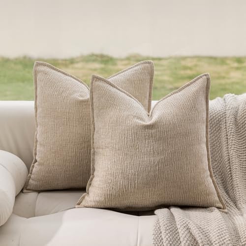 DWR Decorative Throw Pillow Covers Set of 2, 18x18 Crinkled Chenille Textured Cushion Covers for Couch, Sofa or Bed, Modern Rustic Home Accent in Linen Beige/Natural Taupe