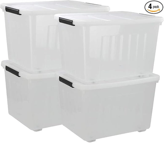 70 L Large Clear Storage Boxes, 4-Pack Plastic Storage Box with Lids and Wheels