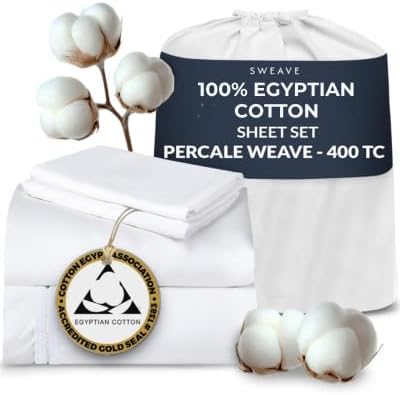 100% Egyptian Cotton Percale Sheets Queen Size - Genuine Luxurious 400 Thread Count - Naturally Crisp, Breathable, Skin-Friendly & Cooling - Softer After Each Wash - Oeko-TEX