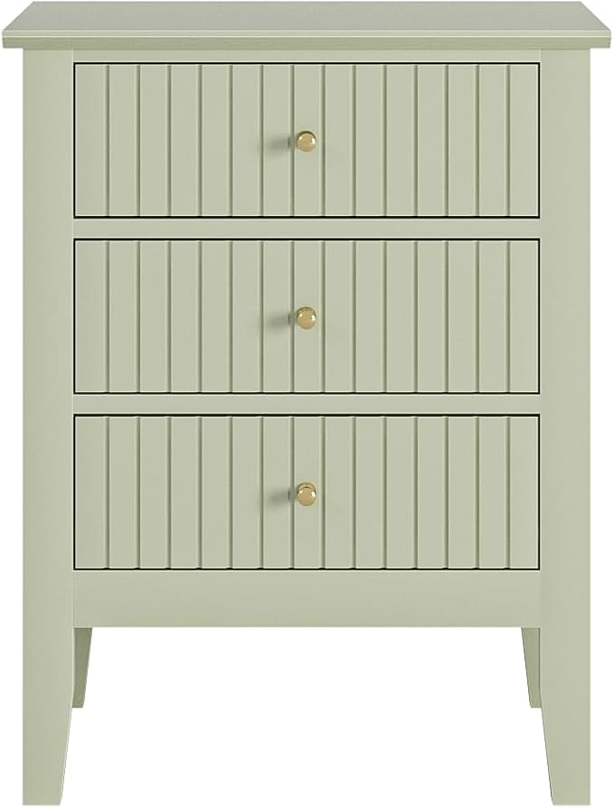 Fluted Nightstand, Farmhouse Night Stand with 3 Drawers, Mid Century Modern Side Accent Table,Bedside End Table for Bedroom, Living Room, Pale Green