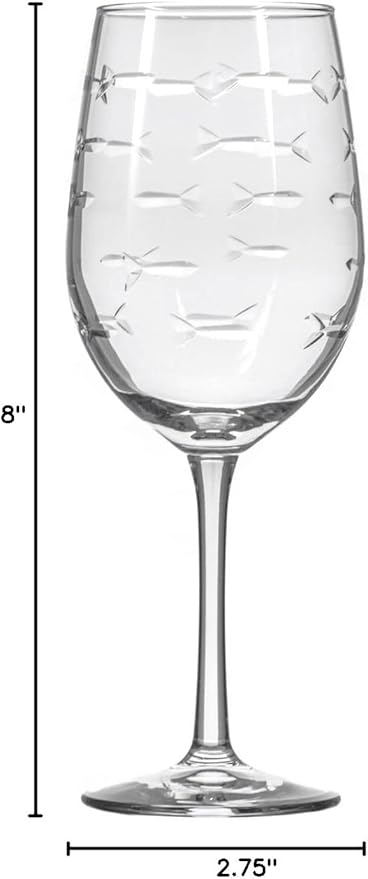 Rolf Glass School of Fish White Wine Glass | 12 ounce Stemmed Set of 4 | Lead-Free Glass | Diamond Wheel Engraved in America