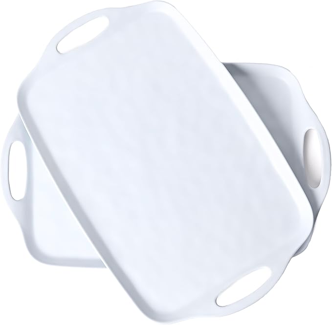 Large Serving Tray Set of 2 – 19 x 12 Inch White Rectangular Melamine Trays with Handles – Durable Plastic Food Serving Tray for Snacks, Meals, Parties, Outdoor & Indoor Use