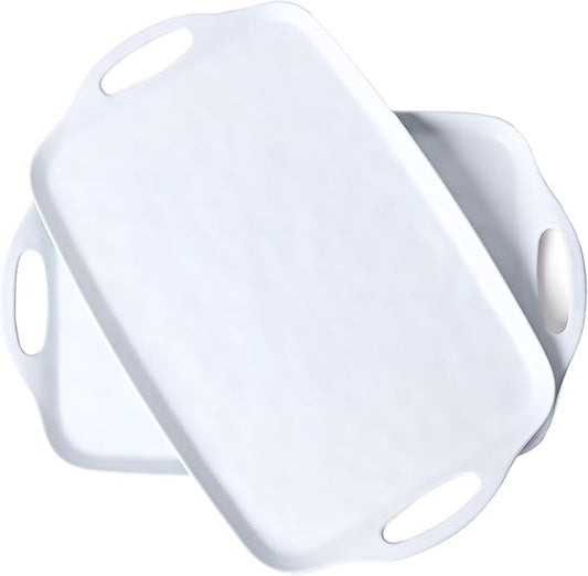 Large Serving Tray Set of 2 – 19 x 12 Inch White Rectangular Melamine Trays with Handles – Durable Plastic Food Serving Tray for Snacks, Meals, Parties, Outdoor & Indoor Use