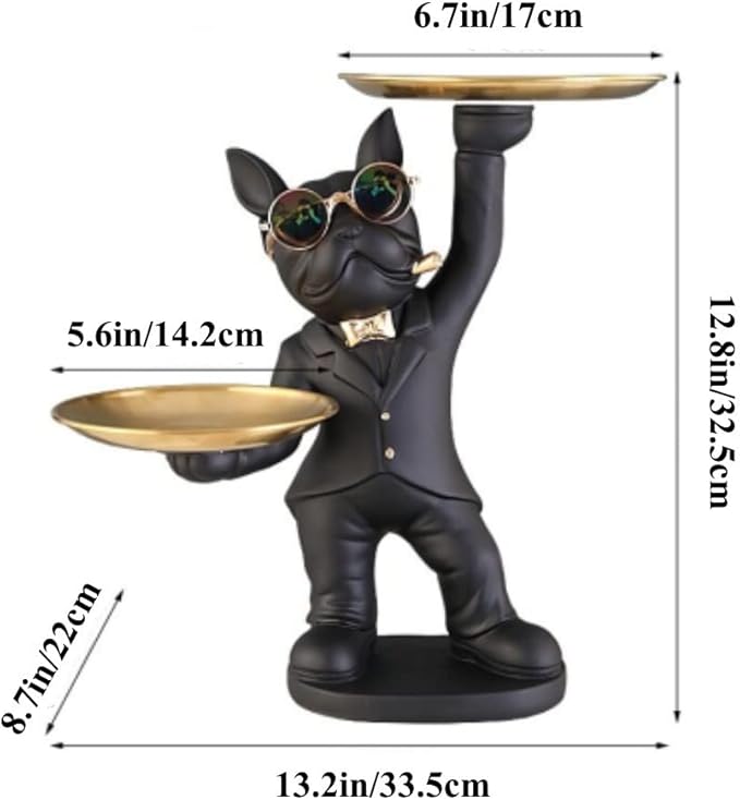 Adorable French Bulldog Statue with 2 Trays and Cute Glasses Black Resin Dog Sculpture Ornament Animal Figurines Home Decor Anniversary Thanksgiving Christmas Birthday Gifts