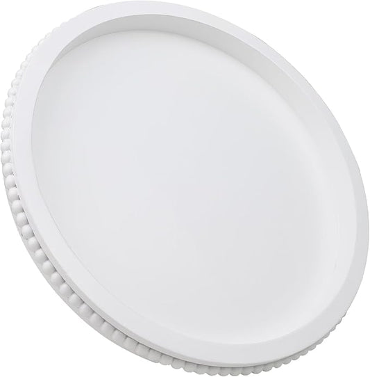 Round Wood Serving Tray with Beaded, 13” Rustic Wooden Decorative Coffee Table Tray for Centerpiece, Ottoman, Farmhouse Circle Trays for Counter, Living Room, Home Decor (White)