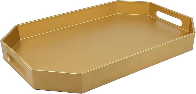 Gold Octagonal Serving Tray with Handles for Coffee Table, Plastic Decorative Tray for Ottoman, Kitchen Counter, Living Room, Outdoor Lacquer Tray for Entertaining