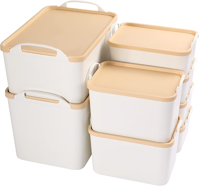 ANMINY 8PCS Plastic Storage Bins Containers with Lids, Large White Storage Organization Bins Boxes, Lidded Plastic Storage Baskets for Closet Shelves Drawers Desktop Home Office, Wheat Lids