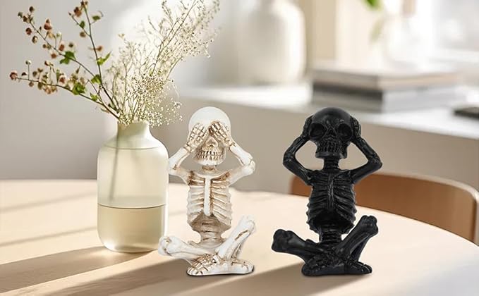 Skull Shelf Decor,Yoga Skeleton Figurine,Halloween Gothic Home Decor,Antique Silver Accent Statue,Collectible Figurines Set of 3 (White)