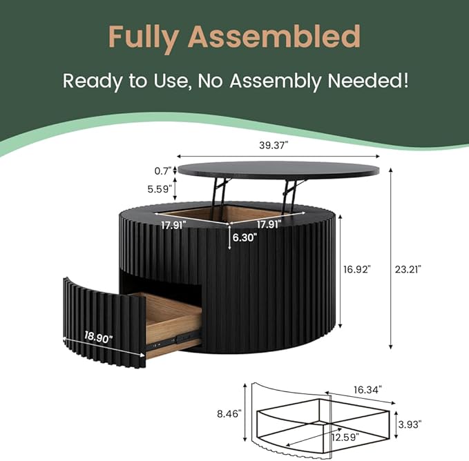 POVISON Round Coffee Table with Storage, Lift Top Coffee Table for Living Room, 39.37" Fluted Mid Century Modern Center Table for Home, Office, Black, Fully Assembled