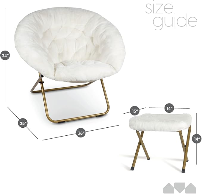 Milliard Cozy Chair/Faux Fur Saucer Chair for Bedroom/X-Large (White + Footrest)