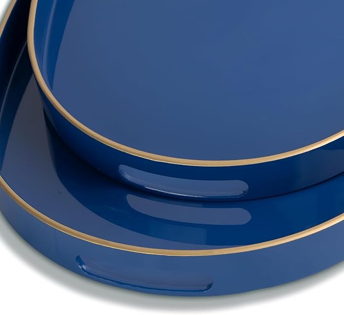 MAONAME Blue Serving Trays with Handles, Oval Decorative Tray for Coffee Table, Nesting Trays Set of 2, Plastic Vanity Tray for Ottoman, Living Room