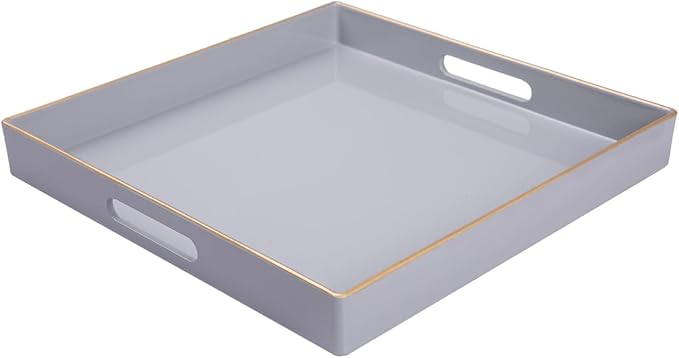 MAONAME Decorative Tray, Gray Serving Tray with Handles, Coffee Table Trays, Square Plastic Trays for Ottoman, Bathroom, Kitchen, 13"x13"x1.57"