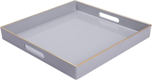 MAONAME Decorative Tray, Gray Serving Tray with Handles, Coffee Table Trays, Square Plastic Trays for Ottoman, Bathroom, Kitchen, 13"x13"x1.57"