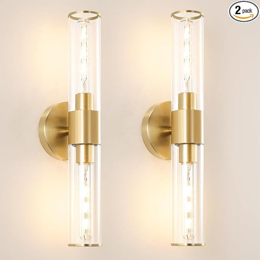 Gold Wall Sconces Set of 2, Hardwired Bathroom Vanity Light Fixture, Brass Sconce Wall Lighting, Modern Wall Light Set of Two, Cylinder Lamp for Bathroom Mirror Hallway Bedroom (Bulbs Required)