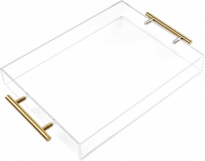 12"x12" Clear Acrylic Serving Tray with Golden Handles, Sturdy Huge Capacity Acrylic Trays for Coffee, Juice, Kitchen and Desk Organizer, Storage Tray (12"x12")