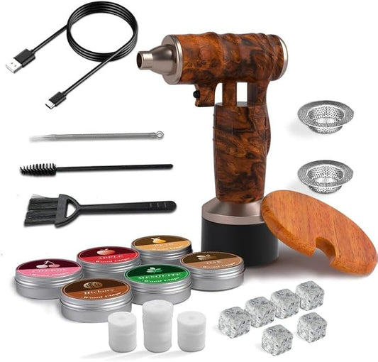 Whiskey Smoker Electric Set Bourbon Gifts for Men Old Fashioned Smoker Drink With 6 Wood Chips and 6 Whiskey Stones Food and Cocktail Smoked Kitchen Bar Tools Cool Christmas White Elephant Gifts Brown