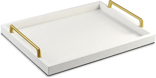 MCBZ Home Decor Rectangular Decorative Tray, Wooden Leather Serving Tray with Gold Hardware Carrying Handles, Suitable for Party Birthday Wedding Family All Occasions 16.5 * 12.6"（Creamy White）