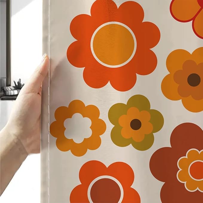 Retro Flowers Shower Curtain, Groovy Brown Orange Sun Flower Vintage 70s Fabric Shower Curtains Set for Bathroom Funky Hippie 1970 Boho Yellow Floral Decoration with Hooks 72 X 78 inch Bath Decor