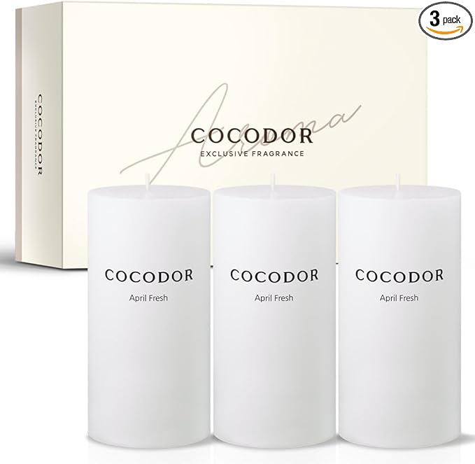 COCODOR Scented Pillar Candles, 3x6 Inch, April Fresh, Candle Set of 3, Long Buring 85 Hours, Candles for Weddings, Party, Dinner, Home Decor.