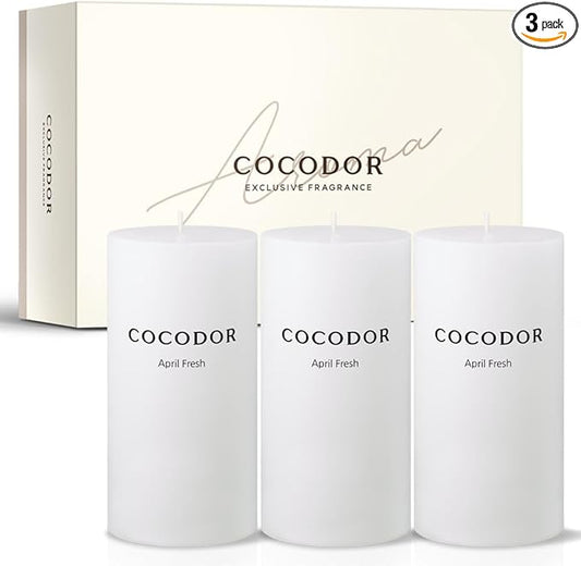COCODOR Scented Pillar Candles, 3x6 Inch, April Fresh, Candle Set of 3, Long Buring 85 Hours, Candles for Weddings, Party, Dinner, Home Decor.