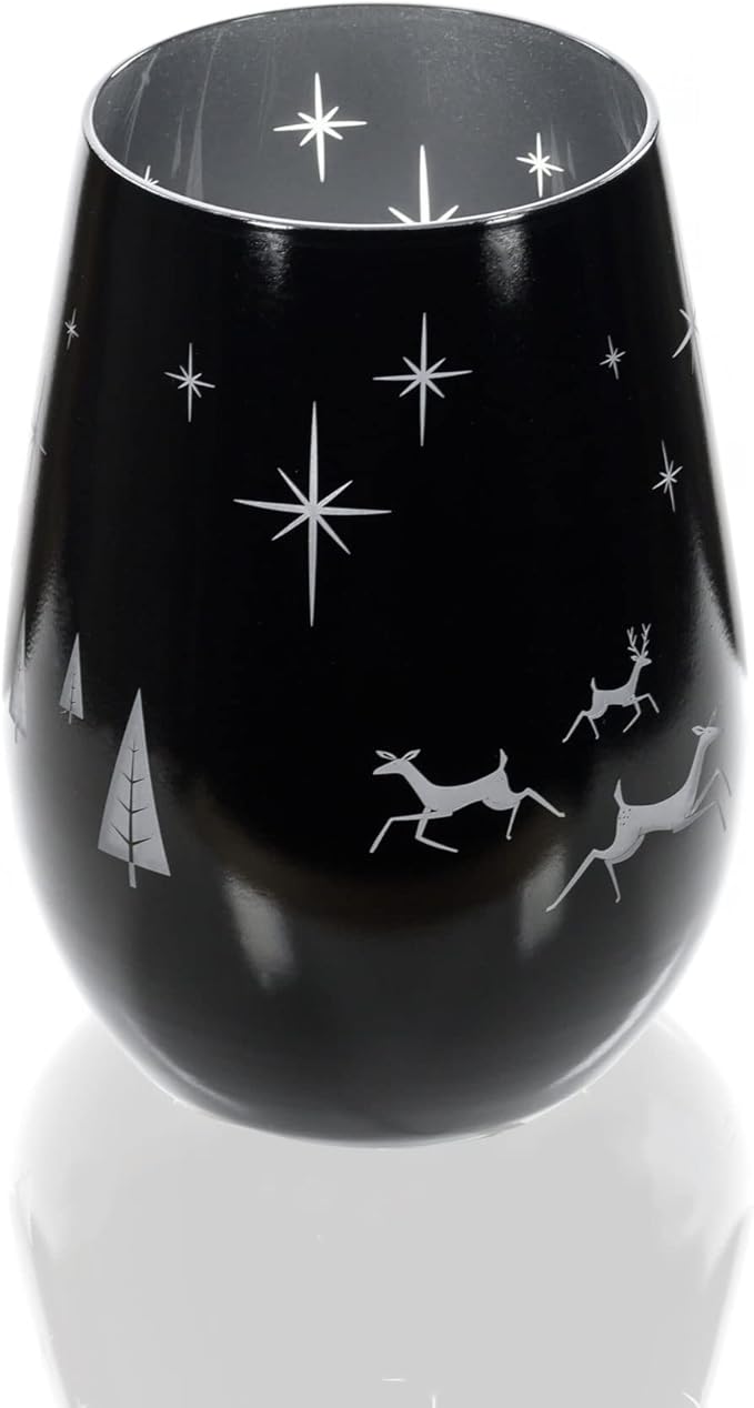 Wonderland Stemless Wine Glass/Candle Votive | Set of 2 Tumbler Wine Glasses | Lead-Free Glass | Christmas Laser Etched Stemless Wine Glasses