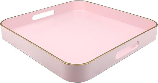 Pink Square Decorative Tray with Handles, 13"*13" Versatile Serving Tray for Coffee Table, Ottoman, Ideal for Serving, Displaying, Organizing