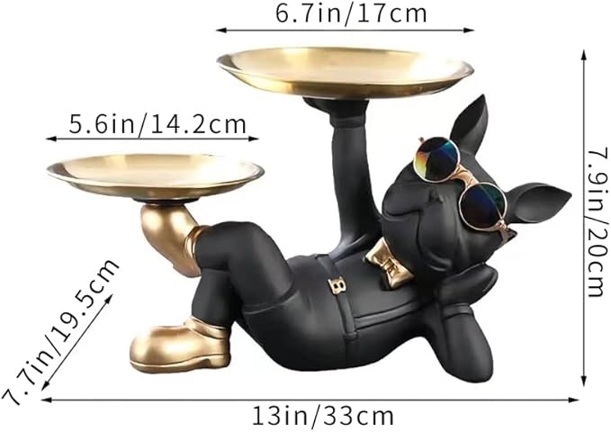 Cool Resin Dog Statue with 2 Trays and Cute Glasses Black French Bulldog Figurine Ornaments Animal Sculptures Home Decor Anniversary Thanksgiving Christmas Birthday Gifts